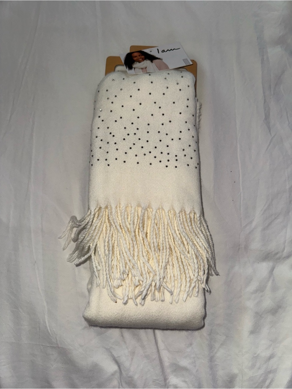 BNWT, I am, cream scarf with rhinestones